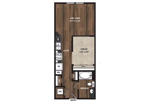 Floor plan for 1 bed, 1 bath, 600 sqft
